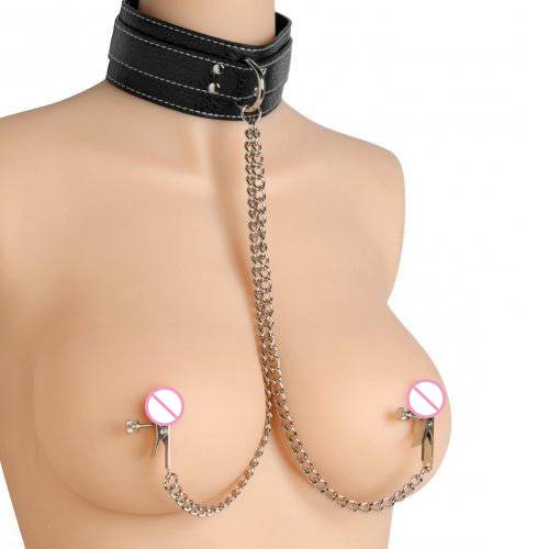 Multifunctional Restrictive Leather BDSM Collar with Nipple Clamps