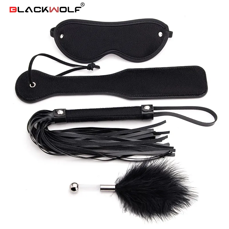 BLACKWOLF 4Pcs Bed Bondage Set BDSM Kits Eye Mask Whip Paddle Anal Plug Bead Sex Adult Games Erotic Sex Toys For Women Couples Sex Toys For Couple cb5feb1b7314637725a2e7: 4pcs Bondage Kits