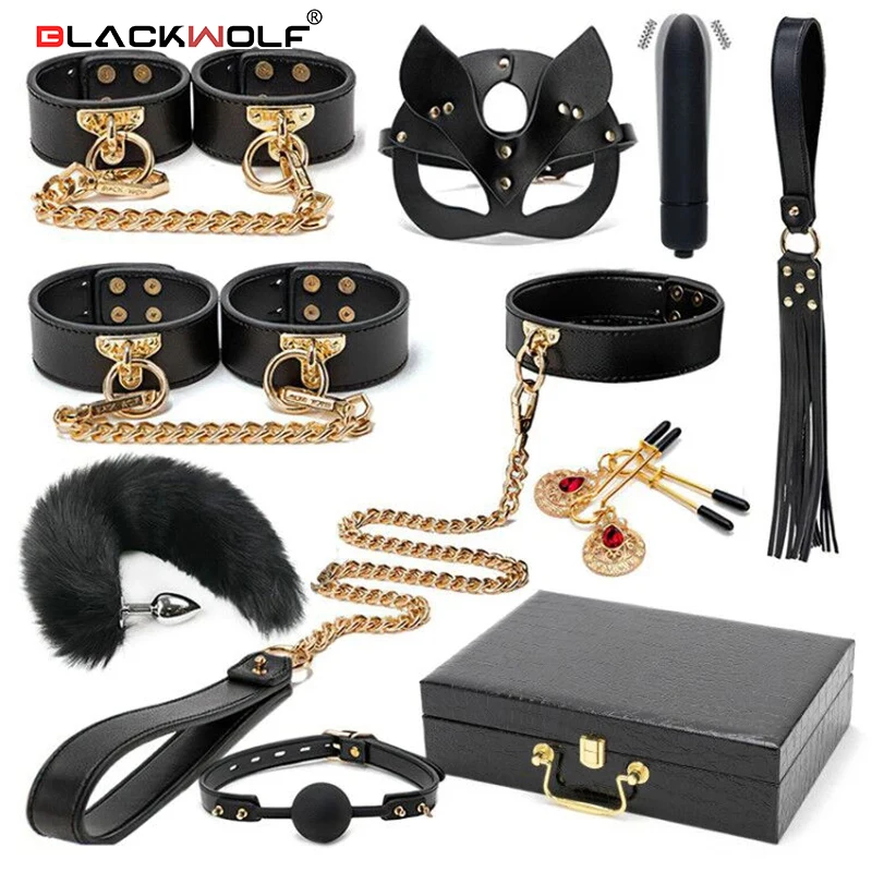BLACKWOLF BDSM Bondage Kits Genuine Leather Restraint Set Handcuffs Collar Gag Vibrators Sex Toys For Women Couples Adult Games Sex Toys For Couple cb5feb1b7314637725a2e7: 10pcs set (no box)|10pcs Set(with box)|10pcs vibrator set|11pcs set B(no box)|11pcs set with box|9pcs set(no box)|ankle cuffs|Collar|Flogger|Mask with Tail